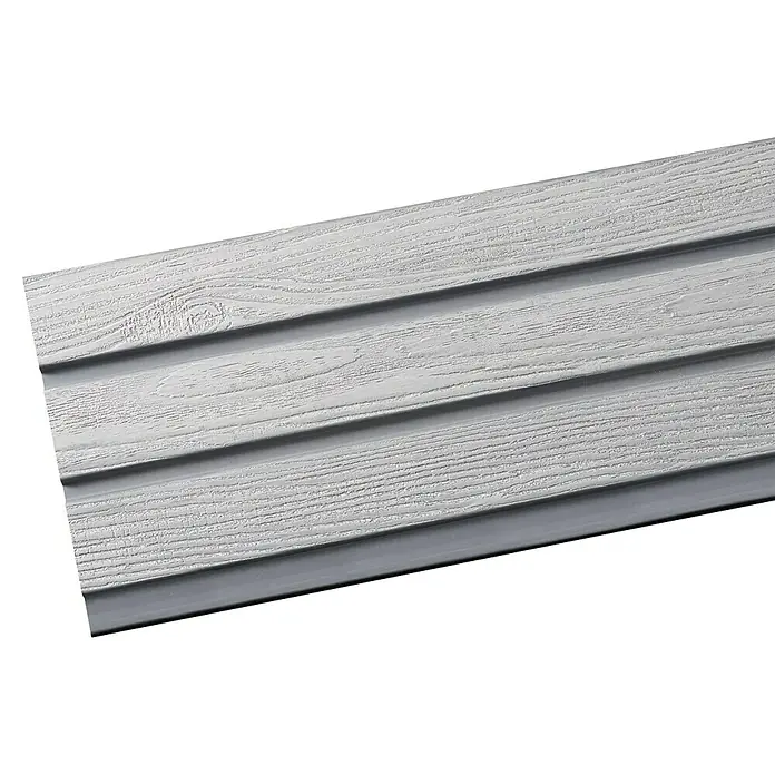 Steckzaun-Element Monza - 177,3 x 14 cm, Grau, 2er Pack WPC-Bohlen für Steckzaunsystem - Nahaufnahme von grauen Holzfassadenverkleidungen mit einer markanten Holzmaserung und horizontaler Anordnung für den Aussenbereich.