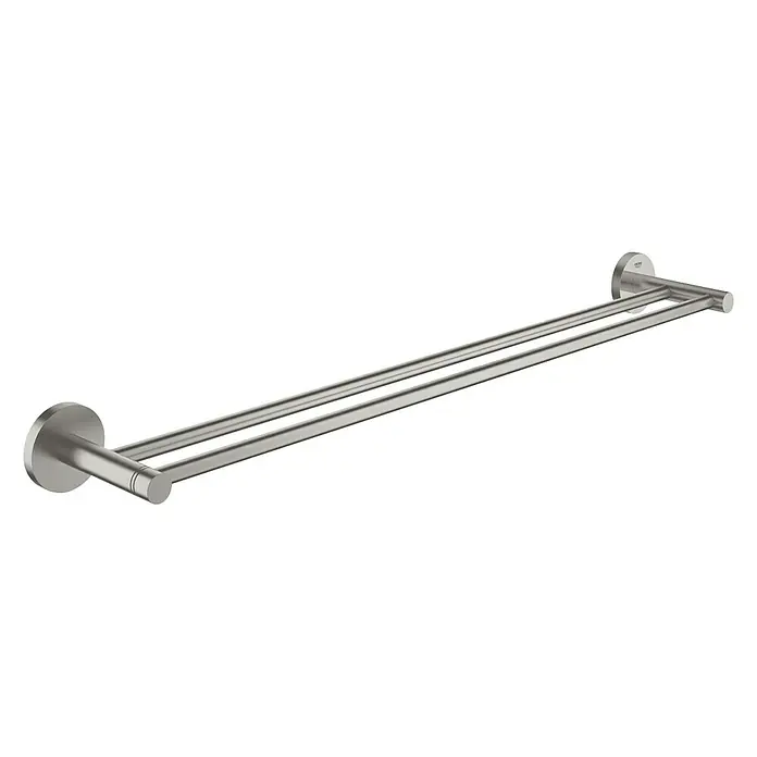 Grohe Essentials Doppel-Badetuchhalter - Supersteel, Glänzend - Doppelte Handtuchstange aus Metall, gebürstet, für Badezimmer, zur Wandmontage für Handtücher.