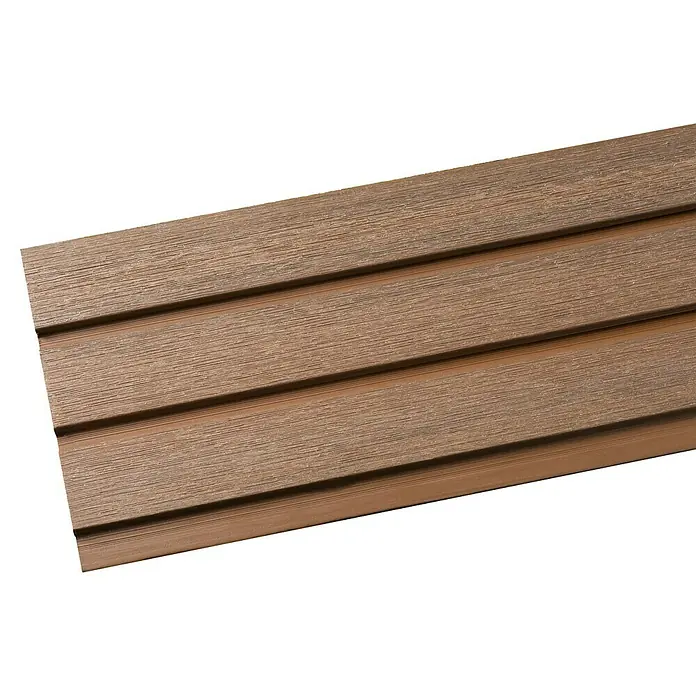 Steckzaun-Element Monza - 177,3 x 14 cm, Braun, 2er Pack WPC-Bohlen für Steckzaunsystem - Detailaufnahme einer braunen Holzfassade mit horizontal verlaufenden Brettern, die eine natürliche Textur und warme Farbtöne zeigt.