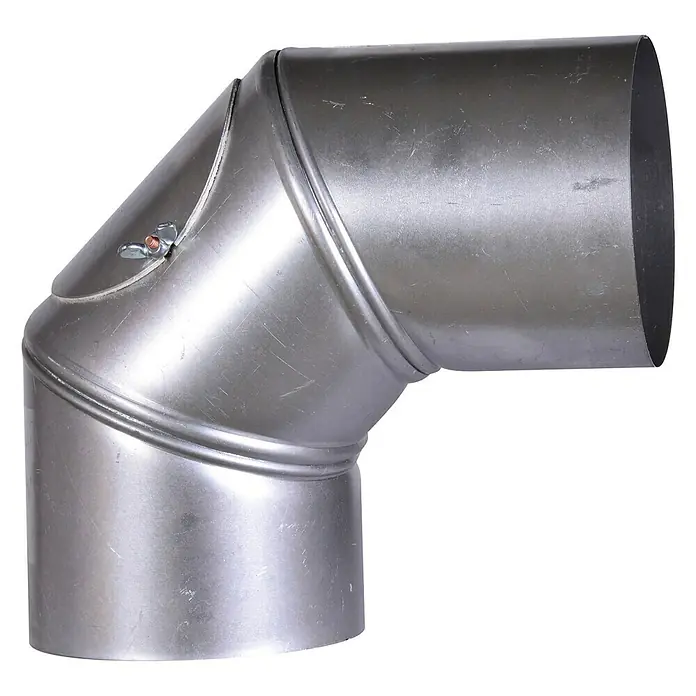 Firefix Ofenrohrbogen - Durchmesser: 120 mm, 90 °, Feueraluminiert, Silbergrau - Das Bild zeigt ein verstellbares 90-Grad-Ofenrohrknie aus Metall. Es ist ein Bauteil für Rauchrohre und Abgasanlagen.