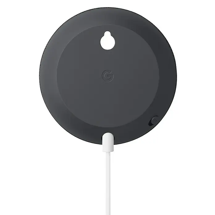 Google Nest Sprachgesteuerter Lautsprecher Mini - Carbon, Netzbetrieben, Kabellänge: 1,5 m - Rückansicht eines grauen Google Nest Mini Smart Speakers mit einem weißen Stromkabel und dem Google-Logo.