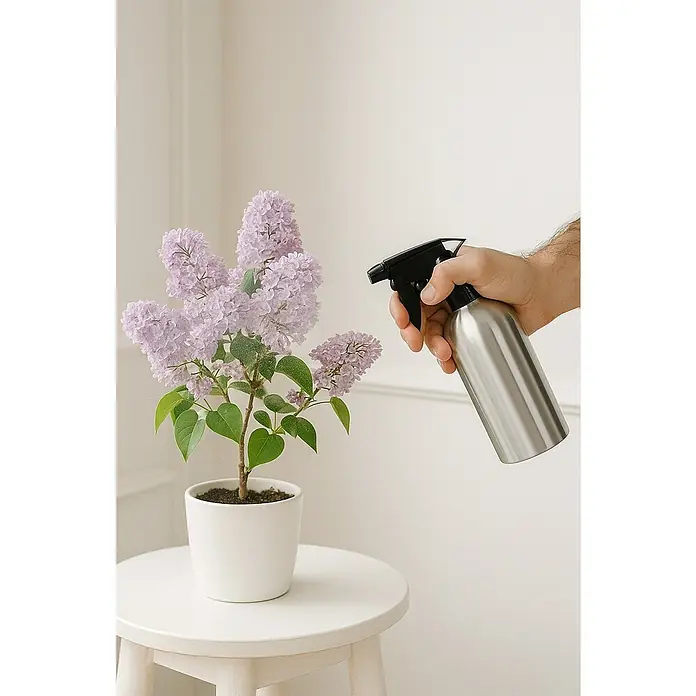Handsprüher - 0,5 l, Edelstahl - Ein Mann besprüht eine lila blühende Pflanze im Topf mit einer silbernen Sprühflasche vor einem hellen Hintergrund.
