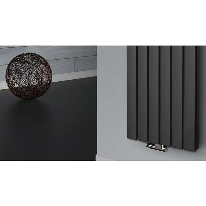 Badheizkörper Peking - B x H: 470 x 1.800 mm, Nennleistung: 1.964 W, Moonstone, Ohne Handtuchhalter - Nahaufnahme eines modernen schwarzen Heizkörpers mit einer dekorativen Kugel im Hintergrund.