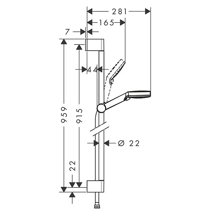 Hansgrohe Crometta Brausegarnitur Vario - Lochabstand: 91,5 cm, Art Strahl: Rain, IntenseRain, Chrom/Weiß - Schemazeichnung einer Duschstange mit Maßangaben. Die Duschstange ist mit einer Handbrause ausgestattet und zeigt verschiedene Abmessungen.