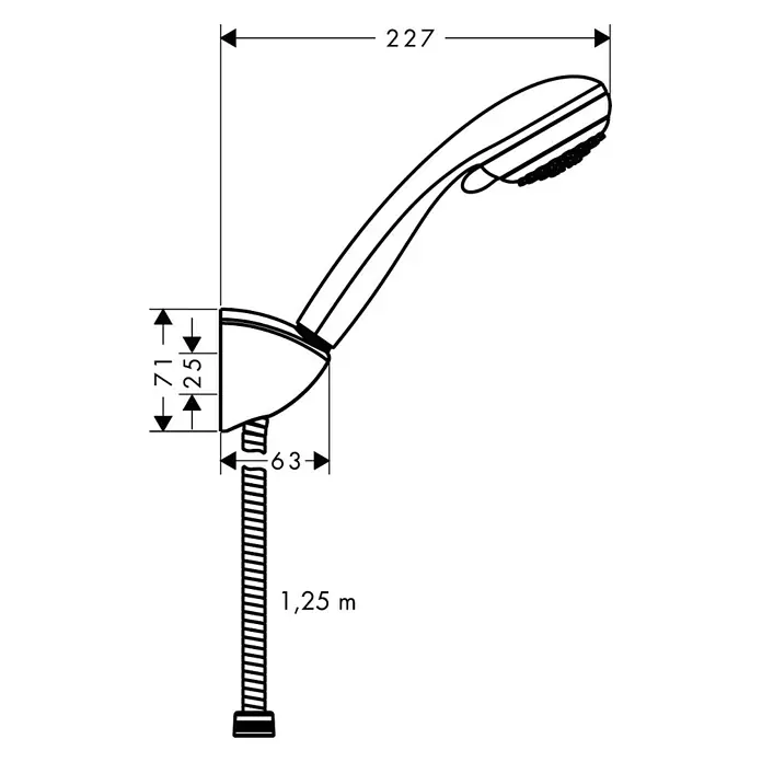 Hansgrohe Crometta Brause-Set 85 Vario - Anzahl Funktionen: 2 Stk., Durchmesser Handbrause: 8,5 cm, Chrom - Abbildung einer Handbrause mit Maßen. Die Handbrause hat eine Länge von 227 mm und einen Schlauch von 1,25 m.