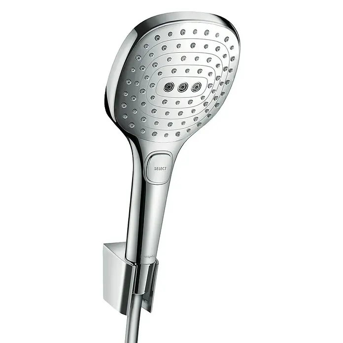 Hansgrohe Brause-Set Raindance Select E 120 - Anzahl Funktionen: 3 Stk., Durchmesser Handbrause: 12 cm, Chrom - Abgebildeter Hansgrohe Crometta 85 Vario Handbrausekopf mit einer Auswahl von Strahlarten für ein personalisiertes Duscherlebnis.