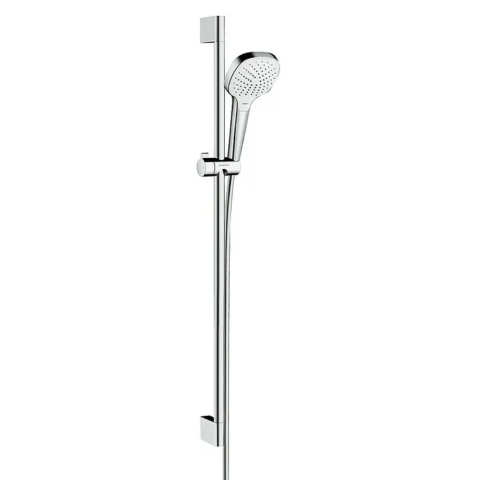 Hansgrohe Brausegarnitur Croma Select E Vario - Lochabstand: 91,5 cm, Art Strahl: Rain, TurboRain, IntenseRain, Chrom/Weiß - Abbildung einer verchromten Handbrause mit Brausestange. Das moderne Design ist ein Blickfang in jedem Badezimmer.