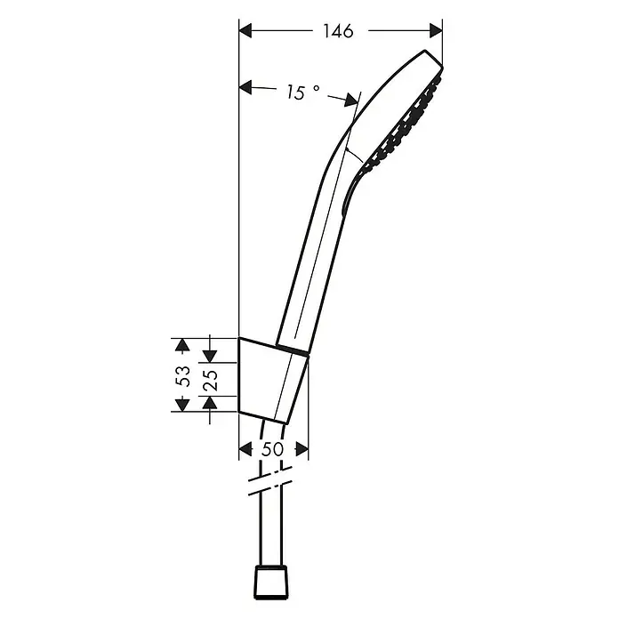 Hansgrohe Brause-Set Croma Select E Vario - Anzahl Funktionen: 3 Stk., Durchmesser Handbrause: 11 cm, Chrom, Weiß - Abbildung einer Handbrause mit Maßen, die die Abmessungen und Winkel des Produkts hervorheben.