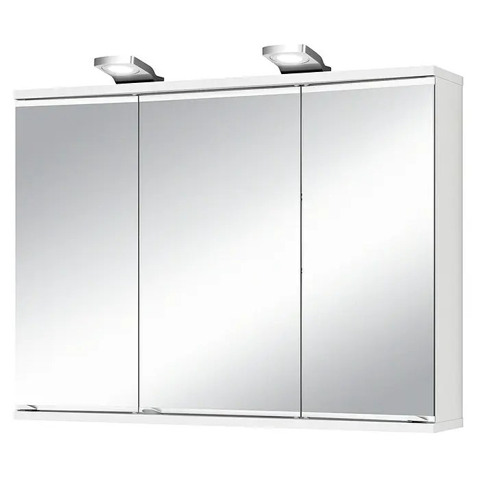 Jokey LED-Spiegelschrank Lena - B x H: 80 x 64 cm, Holz, Weiß - Ein dreitüriger Spiegelschrank in Weiß mit zwei Leuchten auf der Oberseite, ideal für Badezimmer. Moderner Stil für praktische Aufbewahrung.