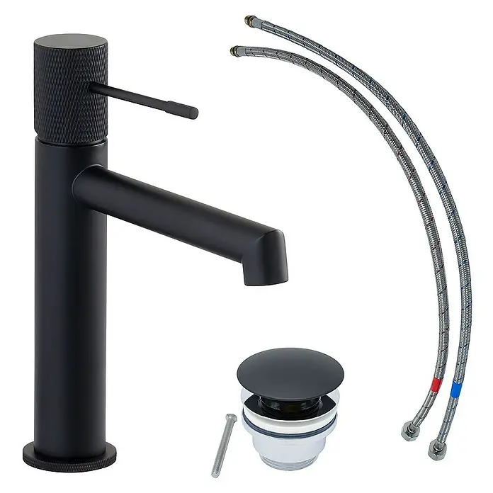 SCHÖNER WOHNEN-Kollektion Waschtischarmatur Kadia Auslaufhöhe 12,1 cm Mattschwarz - Mattschwarz, Seidenmatt - Schwarzer Waschtischarmatur-Satz, inklusive Wasserhähne, Ablaufgarnitur und Anschlussschläuche für eine einfache Installation im Badezimmer.