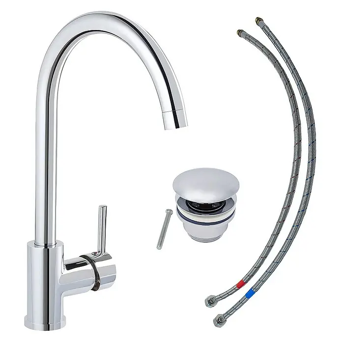 SCHÖNER WOHNEN-Kollektion Waschtischarmatur Cantis Wassersparend Chrom - Chrom, Glänzend - Eine glänzende Chromarmatur mit gebogenen Auslauf, einem Ablaufstopfen und flexiblen Anschlussschläuchen. Ideal für jedes moderne Badezimmer.