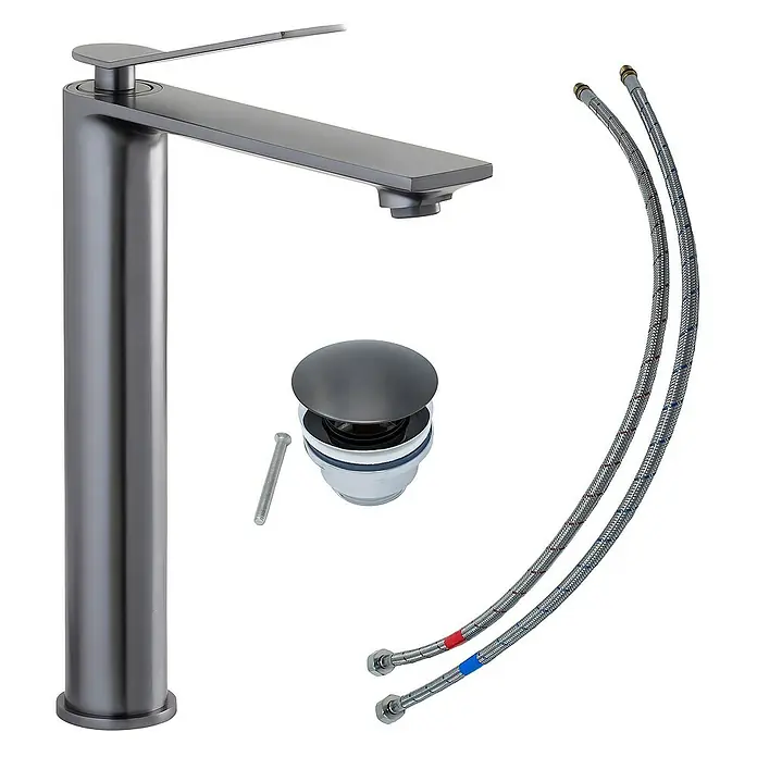 SCHÖNER WOHNEN-Kollektion Waschtischarmatur Viola Auslaufhöhe 24 cm Industrial - Industrial, Seidenmatt - Moderne Armatur in gebürstetem Grau mit passendem Ablaufgarnitur und flexiblen Anschlussschläuchen.