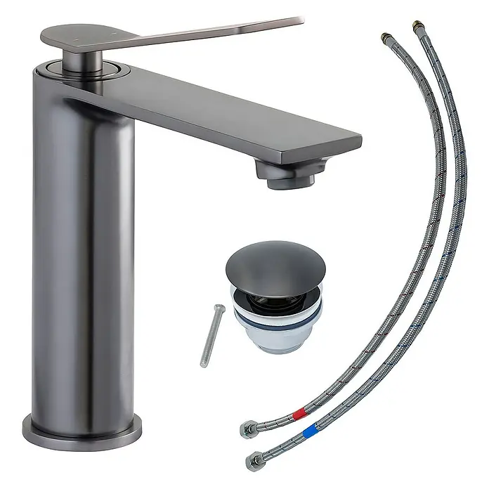SCHÖNER WOHNEN-Kollektion Waschtischarmatur Viola Auslaufhöhe 13,5 cm Industrial - Industrial, Seidenmatt - Eine moderne, dunkelgraue Waschtischarmatur mit Zubehör wie Ablaufgarnitur und Schläuchen für den Wasseranschluss.