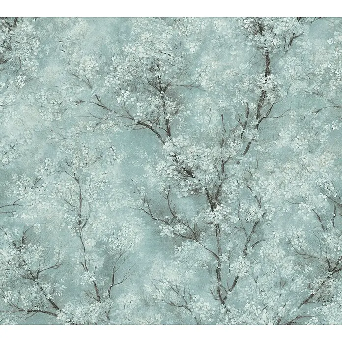 A.S. Création New Walls Vliestapete Bäume - Blau/Grün, Floral, 10,05 x 0,53 m - Eine Nahaufnahme einer Tapete mit einem eleganten, blassblauen Hintergrund und einem zarten Blumenmuster mit grauen Ästen und weißen Blüten.
