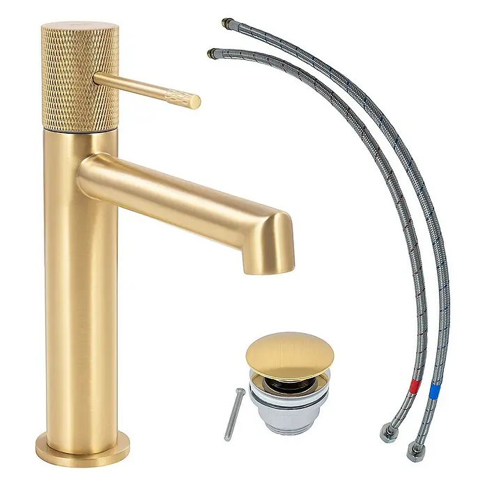SCHÖNER WOHNEN-Kollektion Waschtischarmatur Kadia Auslaufhöhe 12,1 cm Mattgold - Mattgold, Seidenmatt - Goldener Waschtischarmatur-Set mit Ablaufgarnitur und flexiblen Anschlussschläuchen für moderne Badezimmer.