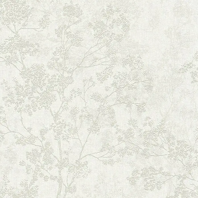 A.S. Création New Walls Vliestapete Bäume - Creme, Floral, 10,05 x 0,53 m - Eine Nahaufnahme einer strukturierten Tapete mit zarten Baumzweigen und Blüten in einem subtilen, monochromen Design.