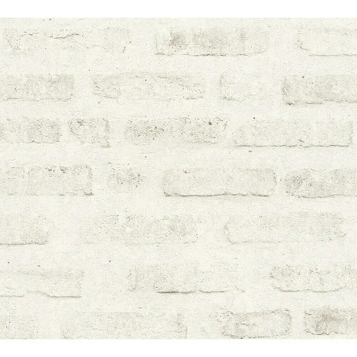A.S. Création New Walls Vliestapete Stein - Weiß, Steinoptik, 10,05 x 0,53 m - Nahaufnahme einer weißen Backsteinmauer mit rauer Textur, ideal für Hintergründe und Texturen.