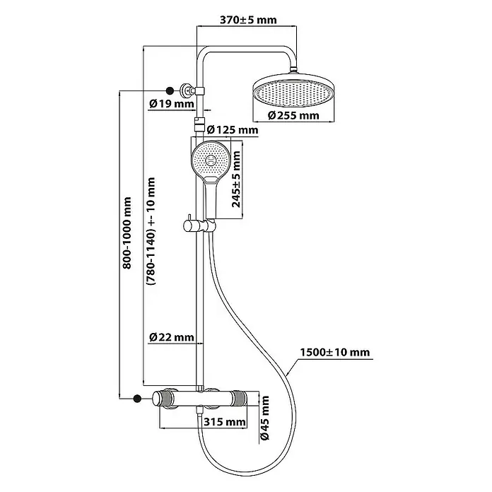 SCHÖNER WOHNEN-Kollektion Duschsystem Glaia mit Thermostat Wassersparend Mattschwarz - Anzahl Strahlarten: 3 Stk., Mattschwarz - Schema der Duschgarnitur mit Maßen von 800-1000 mm Höhe und einem Duschkopf von Ø255 mm, sowie einer Handbrause von 245±5 mm.