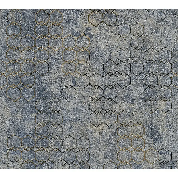 A.S. Création New Walls Vliestapete Grafik - Grau/Blau/Braun, Grafisch, 10,05 x 0,53 m - Gemusterte Tapete mit einem abstrakten Sechseck-Design in Gold- und Schwarztönen auf einem strukturierten Hintergrund.