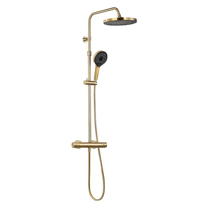 SCHÖNER WOHNEN-Kollektion Duschsystem Glaia mit Thermostat Wassersparend Mattgold - Anzahl Strahlarten: 3 Stk., Mattgold - Duschsäule in Gold mit Kopf- und Handbrause, ein elegantes und funktionales Badezimmeraccessoire.