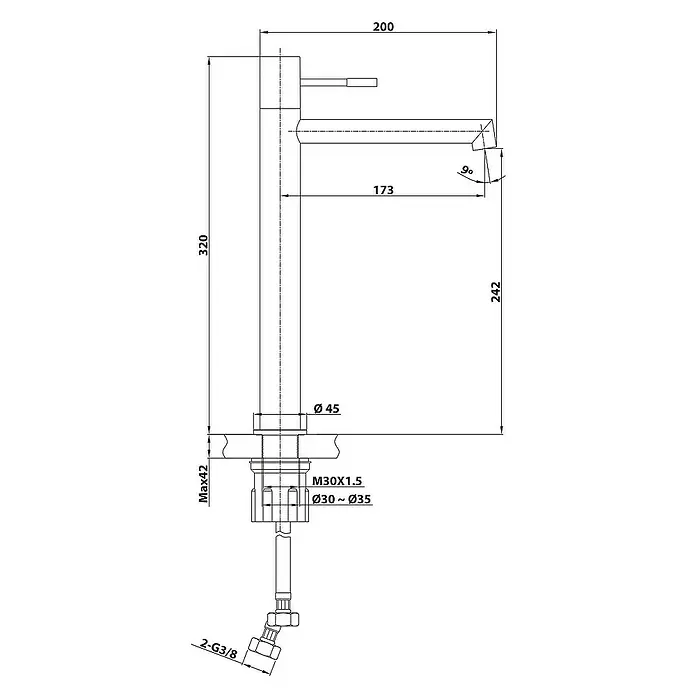 SCHÖNER WOHNEN-Kollektion Waschtischarmatur Kadia Auslaufhöhe 24,2 cm Mattschwarz - Mattschwarz, Seidenmatt - Technische Zeichnung einer Armatur mit den Maßen 320 x 200 mm.