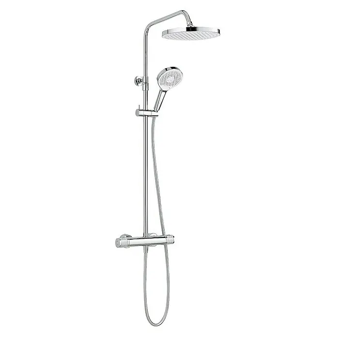 SCHÖNER WOHNEN-Kollektion Duschsystem Glaia mit Thermostat Wassersparend Chrom - Anzahl Strahlarten: 3 Stk., Chrom - Abbildung einer kompletten Chrom-Duschgarnitur mit Kopf- und Handbrause und Thermostatmischer.