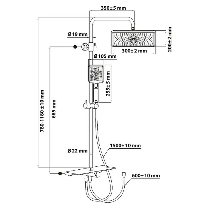 SCHÖNER WOHNEN-Kollektion Duschsystem Verina Wassersparend Industrial - Anzahl Strahlarten: 3 Stk., Industrial - Eine detaillierte Skizze einer Duschgarnitur mit Maßangaben für Installation und Abmessungen, ideal für Badplanung.