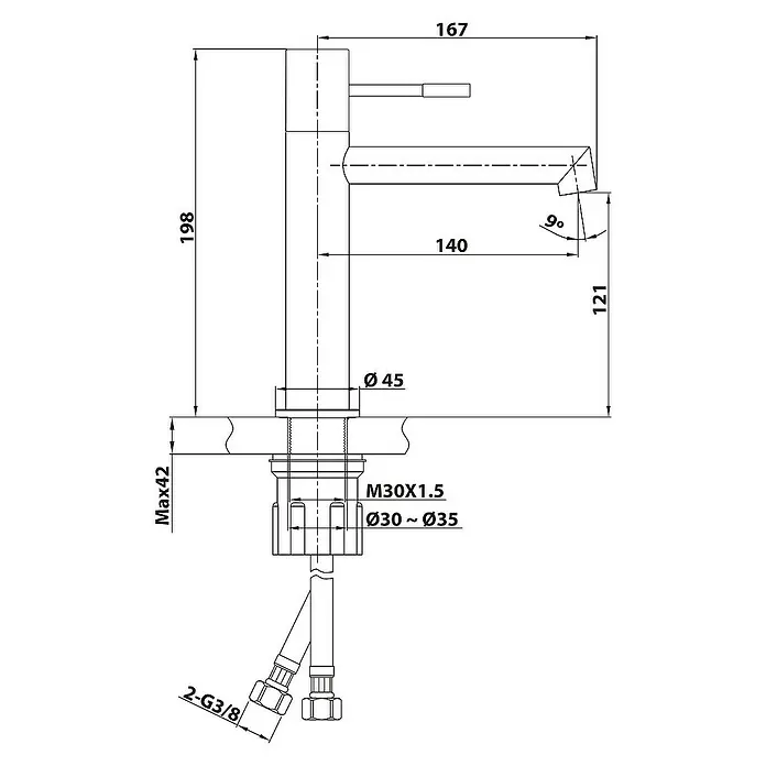 SCHÖNER WOHNEN-Kollektion Waschtischarmatur Kadia Auslaufhöhe 12,1 cm Industrial - Industrial, Seidenmatt - Technische Zeichnung eines Wasserhahns mit Maßangaben, inklusive Höhe, Ausladung und Gewindegrößen für die Installation.