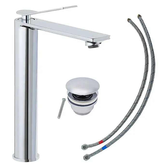 SCHÖNER WOHNEN-Kollektion Waschtischarmatur Viola Auslaufhöhe 24 cm Chrom - Chrom, Glänzend - Ein Waschbeckenarmatur-Set mit einem hohen, schlanken Wasserhahn, einem Ablaufstöpsel und flexiblen Anschlussschläuchen.