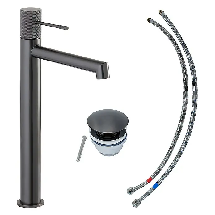 SCHÖNER WOHNEN-Kollektion Waschtischarmatur Kadia Auslaufhöhe 24,2 cm Industrial - Industrial, Seidenmatt - Bild eines hohen, modernen Waschtischhahns in dunklem Finish, inklusive Ablaufgarnitur und flexiblen Anschlussschläuchen.