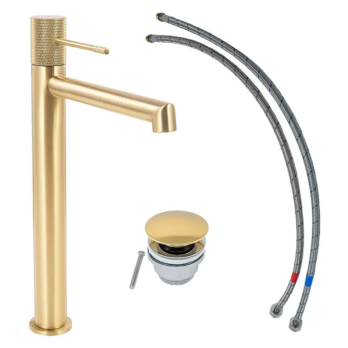 SCHÖNER WOHNEN-Kollektion Waschtischarmatur Kadia Auslaufhöhe 24,2 cm Mattgold - Mattgold, Seidenmatt - Goldener Waschtischmischer mit Ablaufgarnitur und Anschlussschläuchen. Elegantes Design für moderne Badezimmer.