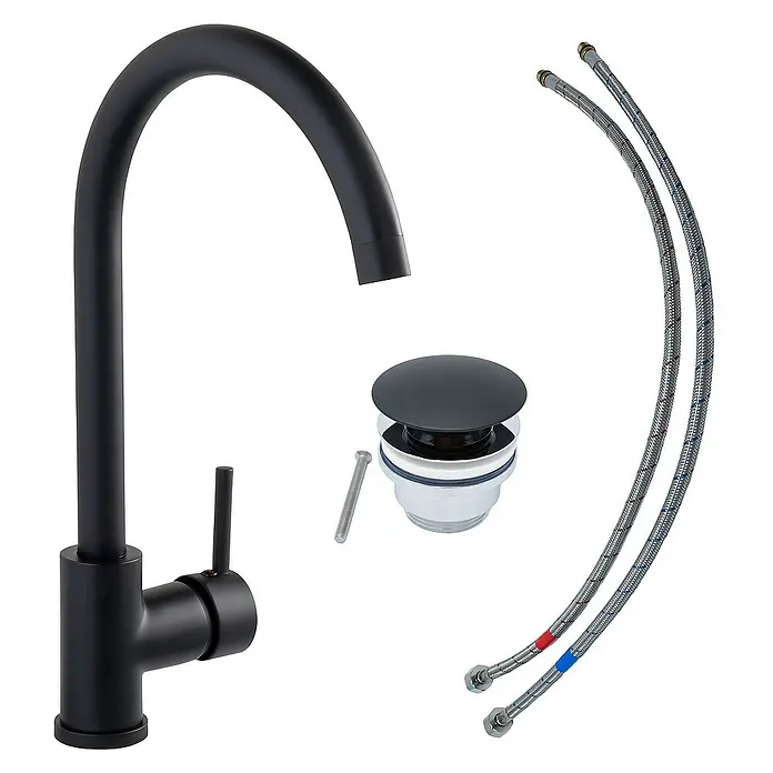 SCHÖNER WOHNEN-Kollektion Waschtischarmatur Cantis Wassersparend Mattschwarz - Mattschwarz, Seidenmatt - Eine elegante, schwarze Küchenarmatur mit passendem Ablaufventil und flexiblen Anschlussschläuchen.