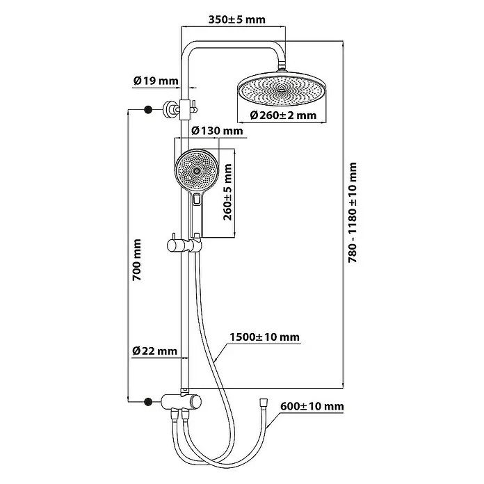 SCHÖNER WOHNEN-Kollektion Duschsystem Biella Wassersparend Industrial - Anzahl Strahlarten: 3 Stk., Industrial - Eine detaillierte Zeichnung eines Duschsystems mit Kopf- und Handbrause, inklusive aller Maße und Durchmesserangaben.