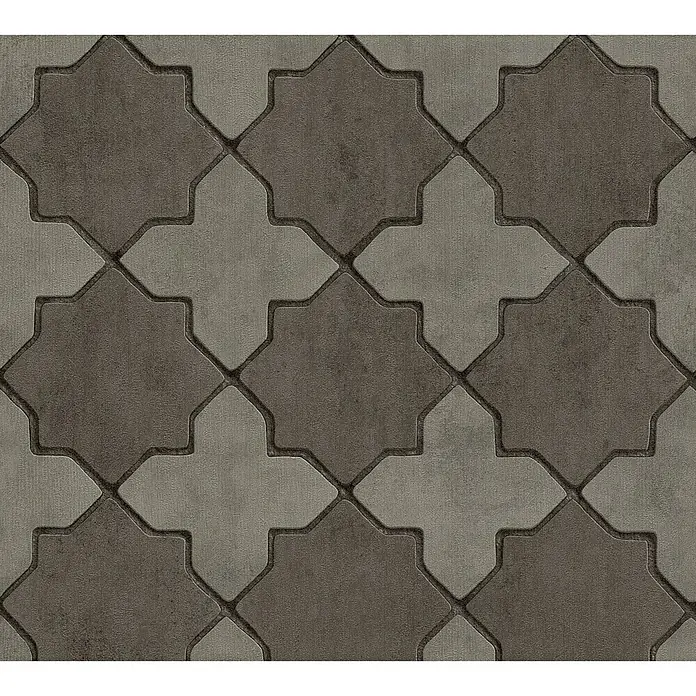 A.S. Création New Walls Vliestapete Stern Fliese - Grau/Schwarz, Fliesenoptik, 10,05 x 0,53 m - Nahaufnahme eines Musters aus grauen Pflastersteinen, die ein sich wiederholendes geometrisches Design bilden.