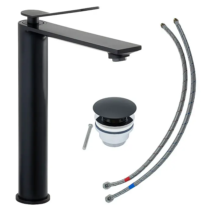 SCHÖNER WOHNEN-Kollektion Waschtischarmatur Viola Auslaufhöhe 24 cm Mattschwarz - Mattschwarz, Seidenmatt - Matte schwarze Armatur mit quadratischem Auslauf, Ablaufgarnitur und flexiblen Anschlussschläuchen für moderne Badezimmer.