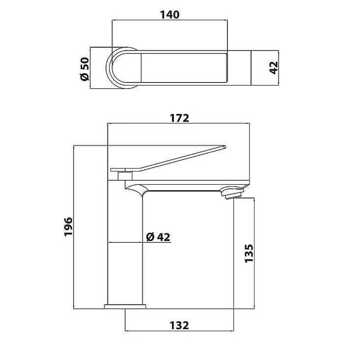 SCHÖNER WOHNEN-Kollektion Waschtischarmatur Viola Auslaufhöhe 13,5 cm Mattschwarz - Mattschwarz, Seidenmatt - Technische Zeichnung eines Wasserhahns mit Bemaßungen für Installation und Design, die die präzisen Abmessungen hervorheben.