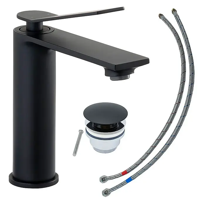 SCHÖNER WOHNEN-Kollektion Waschtischarmatur Viola Auslaufhöhe 13,5 cm Mattschwarz - Mattschwarz, Seidenmatt - Ein elegantes, modernes schwarzes Waschbeckenarmatur-Set mit Zubehör für das Badezimmer.