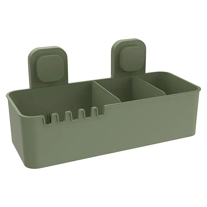 Venus Duschkorb Orsa - 14,8 x 30,5 x 14,7 cm, Grün - Grüner Organizer mit mehreren Fächern und Zahnbürstenhalterungen zur Wandmontage, ideal für Badezimmerutensilien und mehr.