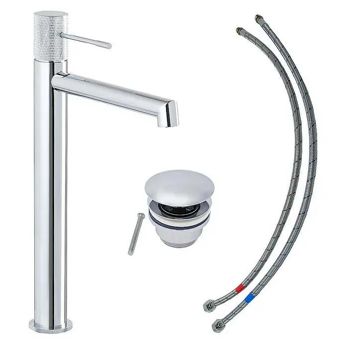 SCHÖNER WOHNEN-Kollektion Waschtischarmatur Kadia Auslaufhöhe 24,2 cm Chrom - Chrom, Glänzend - Abbildung einer Waschtischarmatur mit Ablaufgarnitur und Anschlussschläuchen für das Waschbecken.
