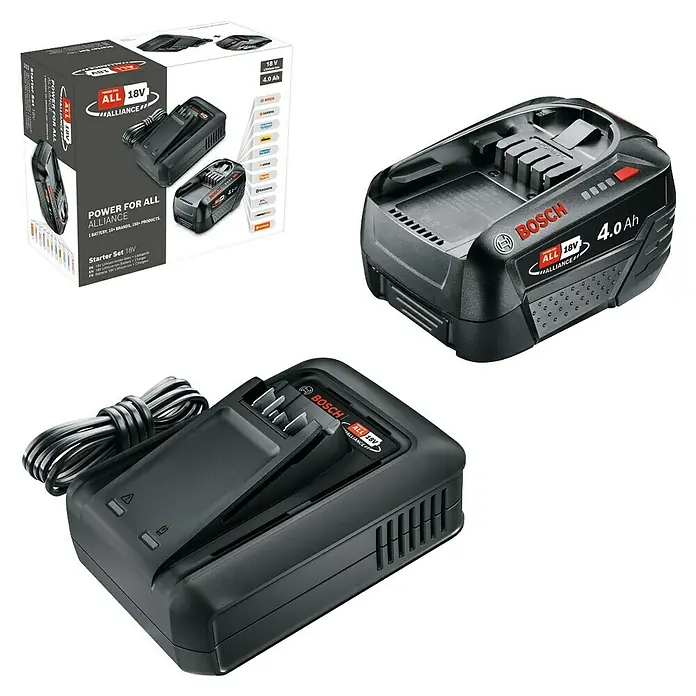 Bosch Power for All 18V Akku & Ladegerät - 18 V, 1 Akku, 4 Ah - Das Bosch Power for All 18V Starter Set mit Akku und Ladegerät. Ideal für kabellose Freiheit und Flexibilität bei Ihren Projekten.