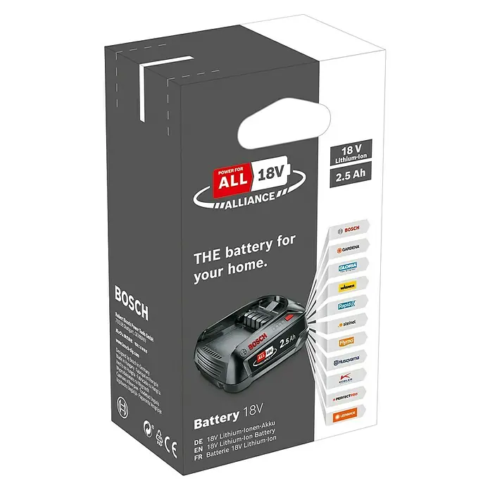 Bosch Power for All 18V Akku PBA 18V 2.5Ah W-B - 18 V, 2,5 Ah - Verpackung des Bosch 18V Lithium-Ionen Akkus 2.5Ah, kompatibel mit Geräten der Power for All Alliance.