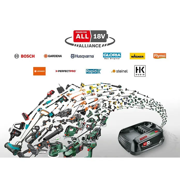 Bosch Power for All 18V Akku & Ladegerät Starter-Set - 1 x 18V/2,5 Akku, 1 x Ladegerät AL 18V-44 - Abbildung von Gartengeräten und Werkzeugen, die mit der Bosch 18V Akku-Plattform kompatibel sind.