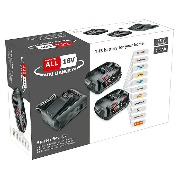 Bosch Power for All 18V Akku & Ladegerät - 2 Akkus, 2,5 Ah - Abbildung eines "Power for All 18V Alliance" Starter Sets von Bosch mit Akku, Ladegerät und dem Logo der dazugehörigen Partnermarken.