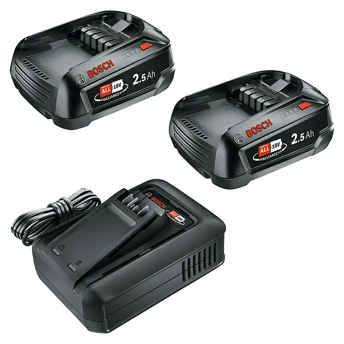 Bosch Power for All 18V Akku & Ladegerät - 2 Akkus, 2,5 Ah - Abbildung von zwei Bosch 18V 2.5Ah Akkus zusammen mit einem Bosch Akkuladegerät auf einem reflektierenden Hintergrund.