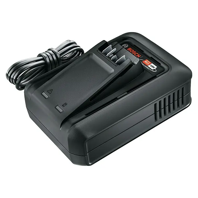 Bosch Schnellladegerät AL18V-44 - Passend für: Bosch Power for All 18V Akku-Geräte - Nahaufnahme eines Bosch Akku-Ladegeräts für 18V Akkus mit Ladekabel auf schwarzem Hintergrund.
