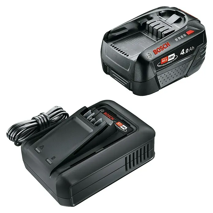 Bosch Power for All 18V Akku & Ladegerät - 18 V, 1 Akku, 4 Ah - Bild einer Bosch 18V-Batterie mit 4,0 Ah und einem zugehörigen Ladegerät.