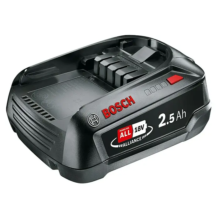 Bosch Power for All 18V Akku PBA 18V 2.5Ah W-B - 18 V, 2,5 Ah - Akku Bosch Power for All 18V Alliance, 2.5 Ah. Das Gerät ist mit dem Bosch-Logo versehen und hat eine rote Taste und Füllstandsanzeige.
