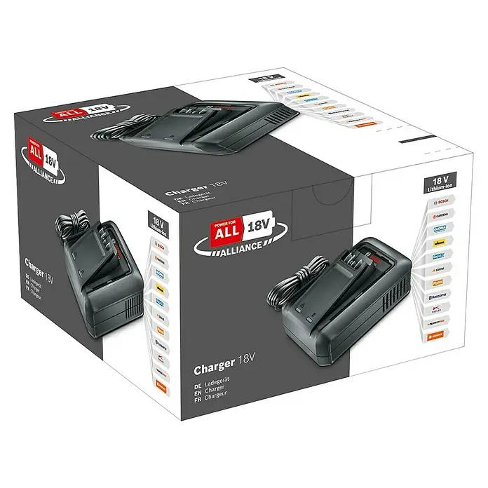 Bosch Schnellladegerät AL18V-44 - Passend für: Bosch Power for All 18V Akku-Geräte - Bild einer Verpackung eines Bosch ALL 18V Akku-Ladegeräts, das mit verschiedenen Werkzeugmarken kompatibel ist.
