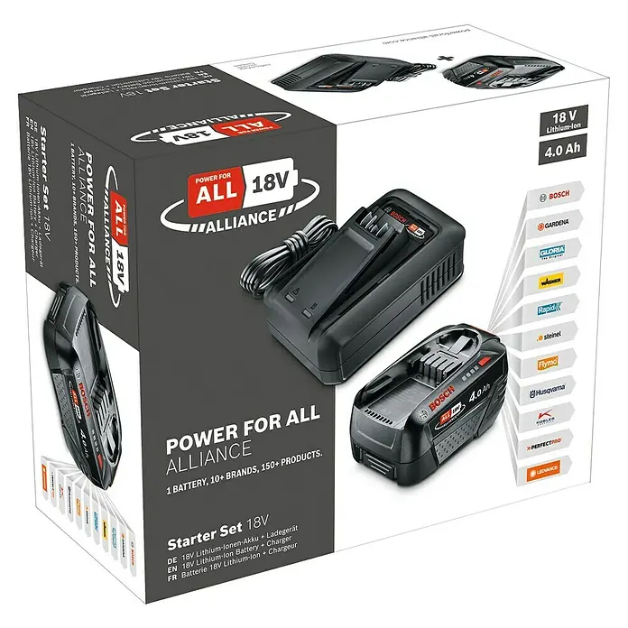 Bosch Power for All 18V Akku & Ladegerät - 18 V, 1 Akku, 4 Ah - Bild einer "Power for All Alliance" Starter-Set-Box mit einem 18V Lithium-Ionen-Akku und Ladegerät.