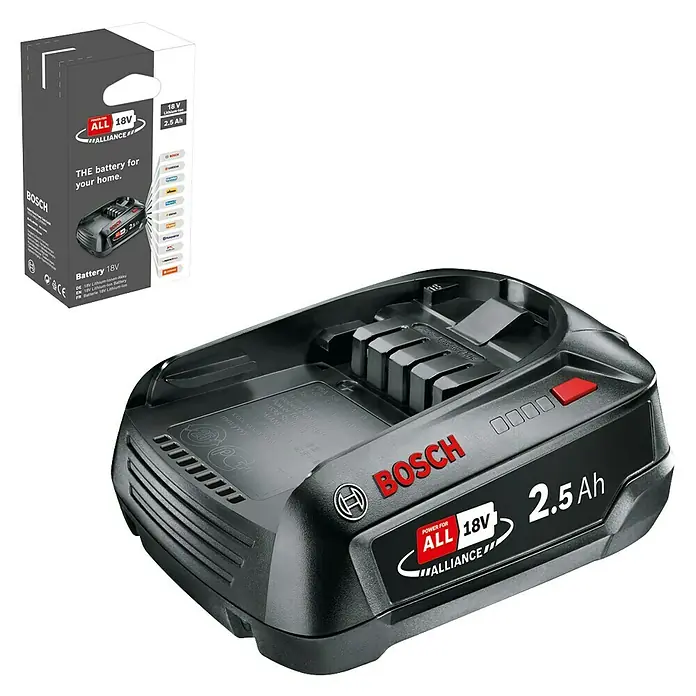 Bosch Power for All 18V Akku PBA 18V 2.5Ah W-B - 18 V, 2,5 Ah - Akku: Das Bild zeigt einen Bosch 18V 2.5 Ah Akku mit der Aufschrift "Power for All Alliance", ideal für Heimwerkerprojekte.